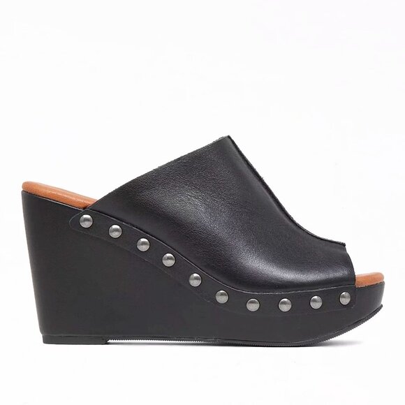 LUCKY BRAND Black Leather Mule Wedge Clog Sandal - Picture 1 of 8